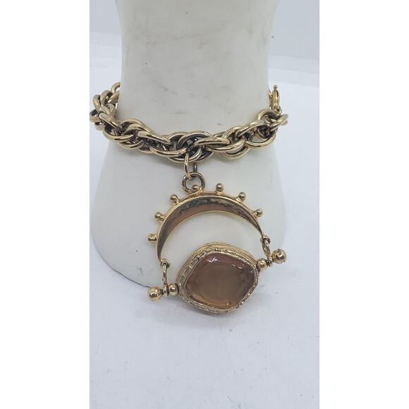 Vintage German Gold Chain Bracelet & Spinning Cameo Amber Glass Intaglio - Picture 1 of 10